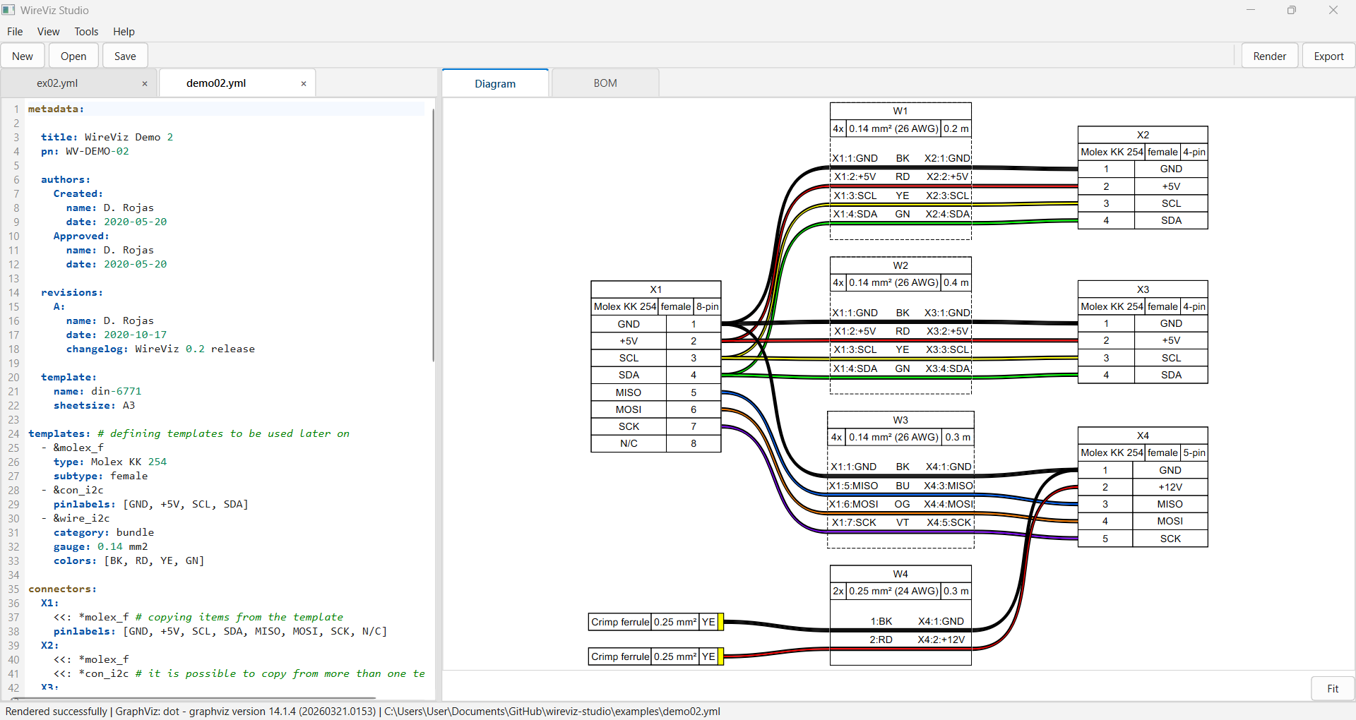 WireViz Studio desktop application showing YAML editing, rendered wiring diagram preview, and BOM workflow